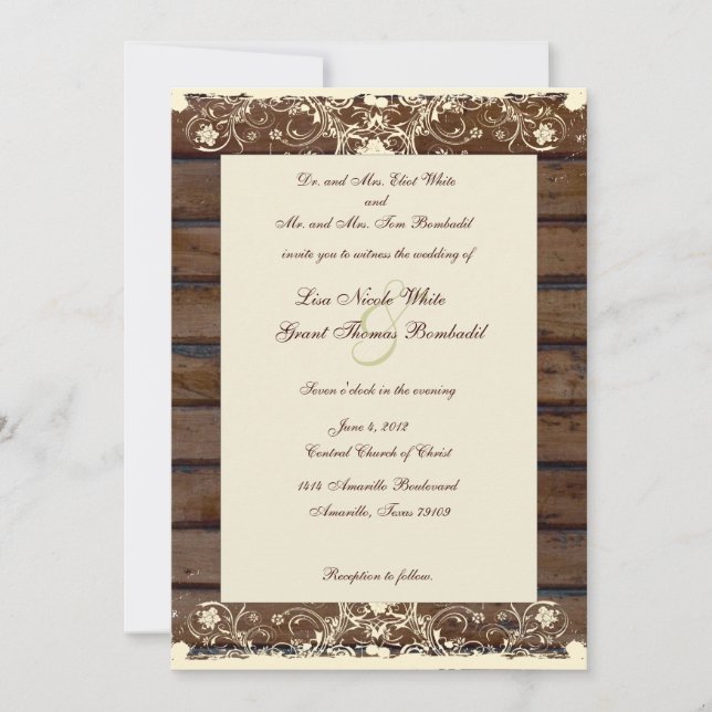 Holzplanks Cream Shabby Lace Hochzeit Einladung (Vorderseite)