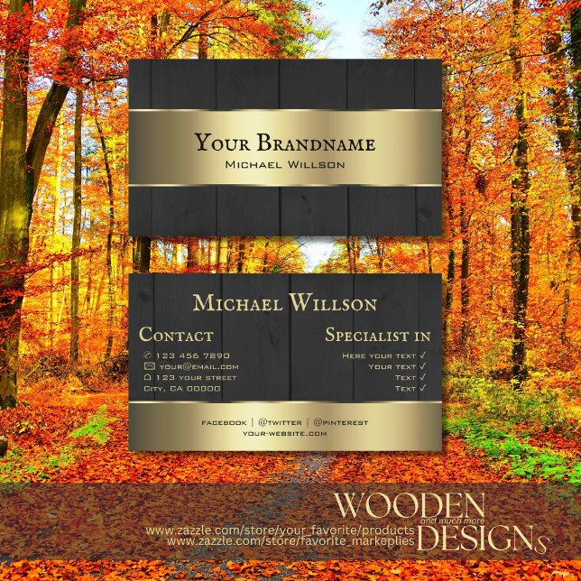 Holzplatten Schwarz-Holz-Körner und Gold-Dekoratio Visitenkarte (Von Creator hochgeladen)