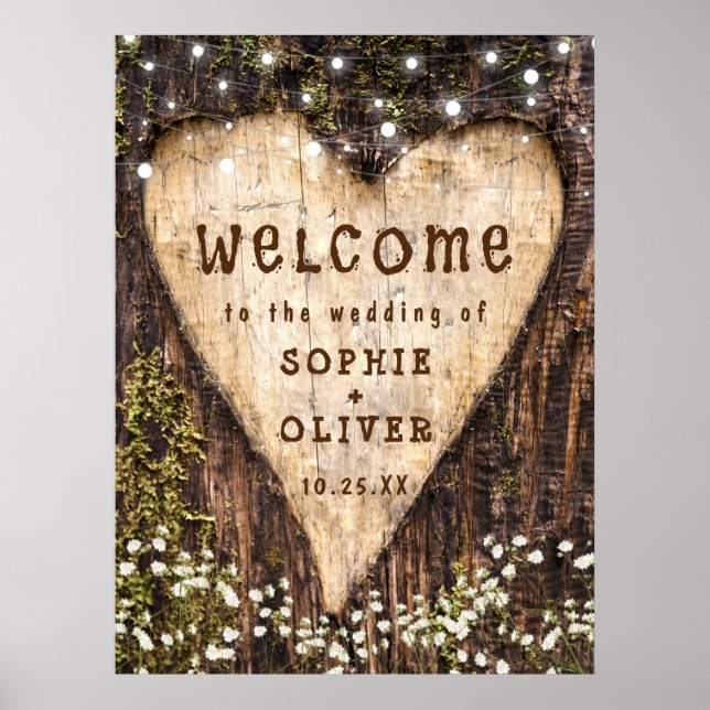 Holzrinden-Herz-Land-Rustikal WILLKOMMEN-Hochzeit Poster (Vorne)