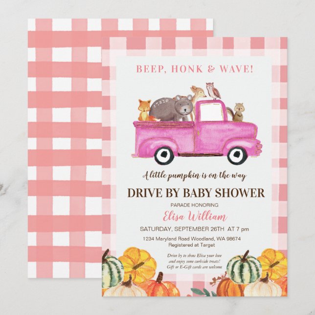 Holzrosa LKW-Antrieb durch Babydusche Einladung (Vorne/Hinten)