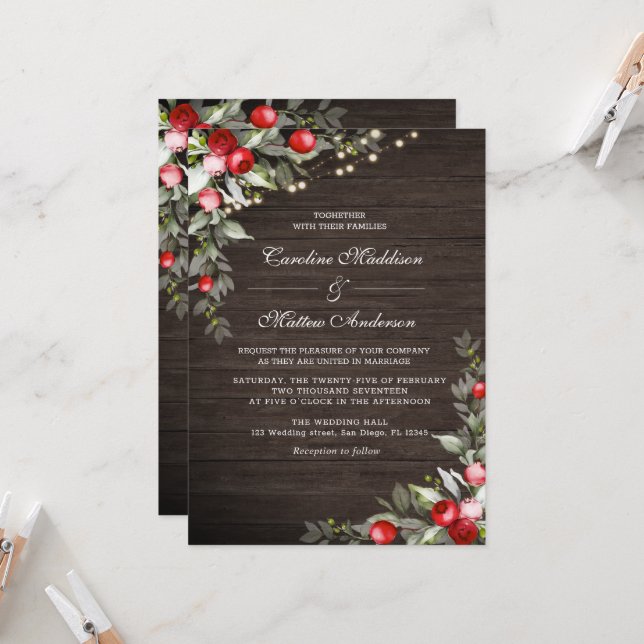 Holzrustikale Winterbrände zum Hochzeitsempfang Einladung (Vorderseite/Rückseite Beispiel)