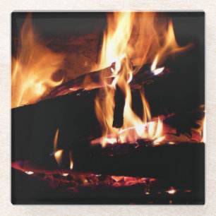 Holzscheite im Kamin Warme Feuer Fotografie Glasuntersetzer