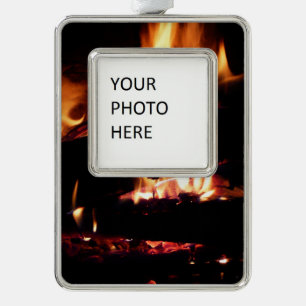 Holzscheite im Kamin Warme Feuer Fotografie Rahmen-Ornament Silber