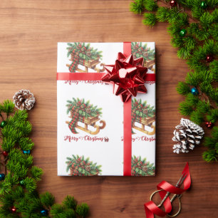 Holzschlitten Tannen Zweige Grün & Rot Kariert Geschenkpapier