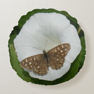 Holzschmetterling auf Bindweed Round Kissen