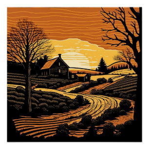 Holzschnitt-Landschaft Poster
