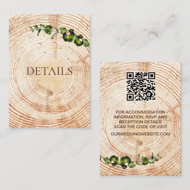 Holzschnitt-Scheiben-Grün Hochzeitsdetails QR-Code Begleitkarte (Vorne/Hinten)