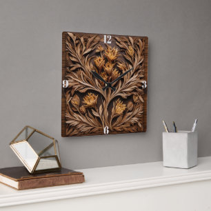 Holzschnitzerei, australische Kangaroo-Blume Quadratische Wanduhr