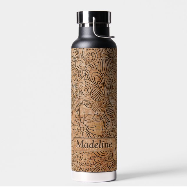 Holzschnitzereien florales Muster Name hinzufügen Trinkflasche (Links)