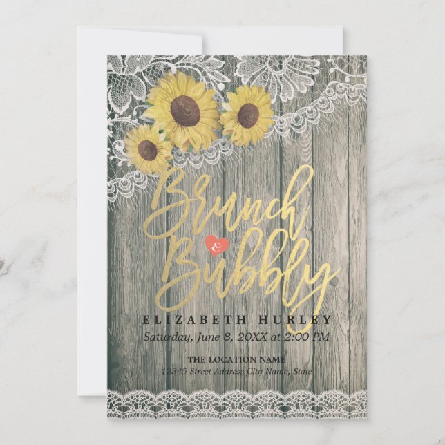 Holzsonnenblumen Spitzen Brunch Bubbly Brautparty Einladung (Vorderseite)