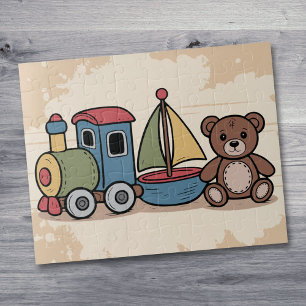 Holzspielzeuge mit Zug, Segelboot und Teddybär