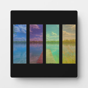 Holzsteg über eine ruhige Seenlandschaft Quadtrych Fotoplatte