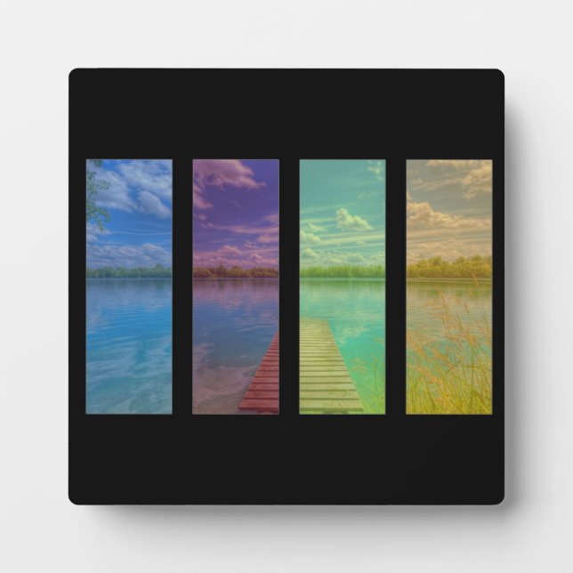 Holzsteg über eine ruhige Seenlandschaft Quadtrych Fotoplatte (Vorderseite)