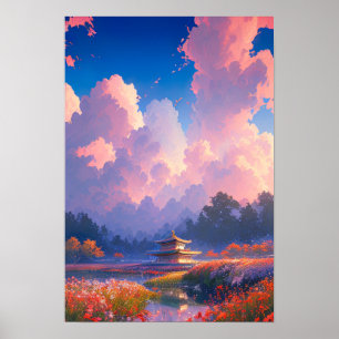 Holztempel und bunte Blüten Poster