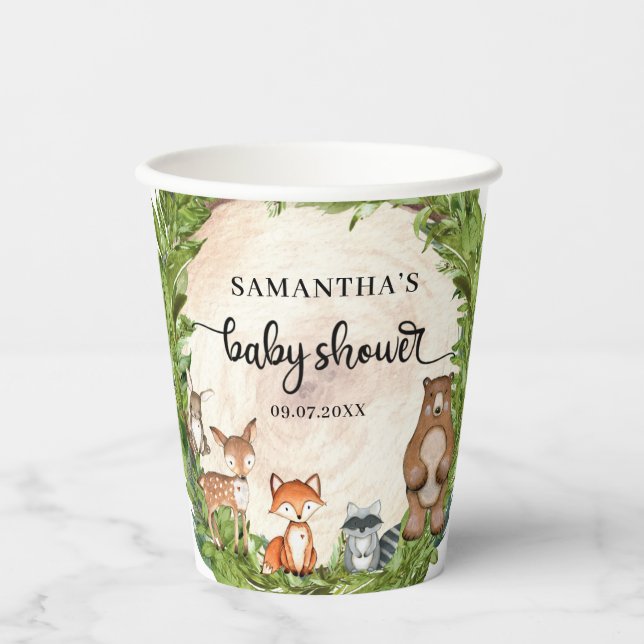 Holztiere Holzholzspalte Babydusche Pappbecher (Vorderseite)