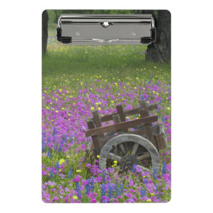 Holzwagen auf einem Feld mit Phlox, Blaue Bonnets Mini Klemmbrett