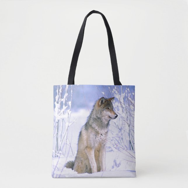 Holzwolf sitzt im Schnee, Canis lupus Tasche (Vorderseite)