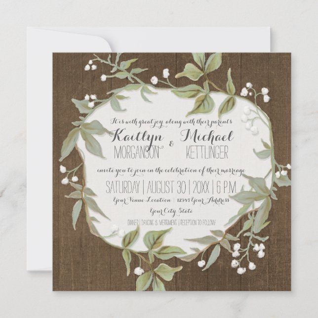 Holzzaun Laurel Leaf Wreath w Babys Atemkunst Einladung (Vorderseite)