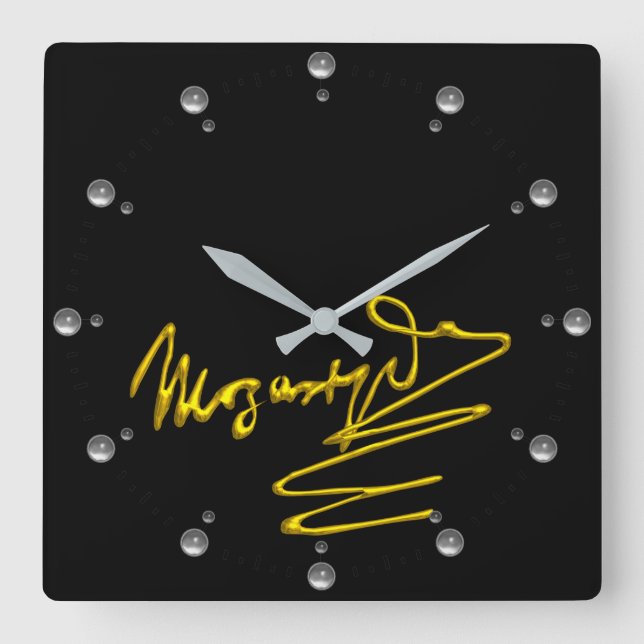 HOMAGE TO MOZART Gold Signature Of Composer Black Quadratische Wanduhr (Vorderseite)