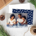 Home for the Holidays Navy Modern Script Foto Feiertagskarte<br><div class="desc">"Home for the Holidays" Christmas foto card design featurmodern modern navy blue brushed script lettering along with custom text that can be personalized as an overlay with a favorite horizontal family foto at home. Modern winter pattern dresses up the back of the card. The Navy background color on the back...</div>
