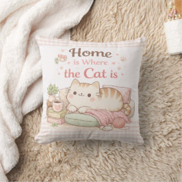 Home is Where The Cat Is Cute Kitty Pink Gingham Kissen