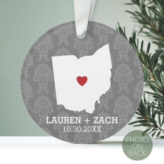 Home State Map Art - Mariage personnalisé Ohio (Personalized Photo Ornament with a State Design on the Front and Photo on the Back)