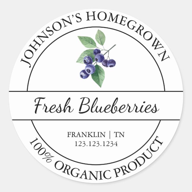 Homegrown Garden Frische Bio Blaubeere Label Runder Aufkleber (Vorderseite)
