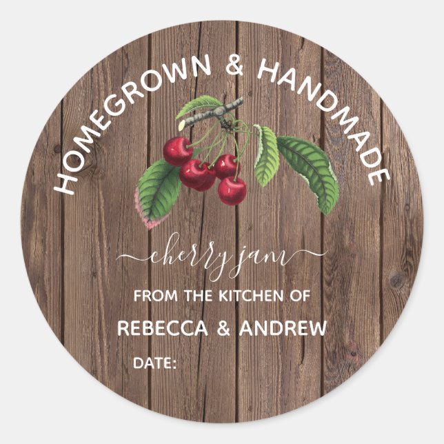 Homegrown & Handmade Cherry Jam Barn Wood Runder Aufkleber (Vorderseite)