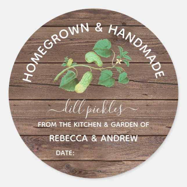 Homegrown & Handmade Dill Pickle Barnwood Runder Aufkleber (Vorderseite)