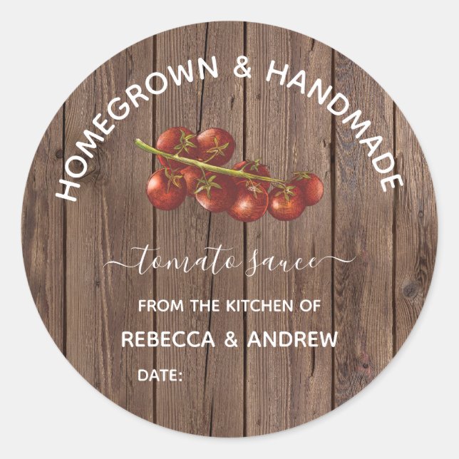 Homegrown & Handmade Wood Tomato Sauce Mason Jar Runder Aufkleber (Vorderseite)