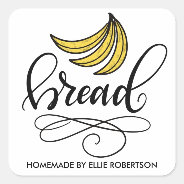 Homemade Banana Bread, hand lettered Quadratischer Aufkleber (Vorderseite)