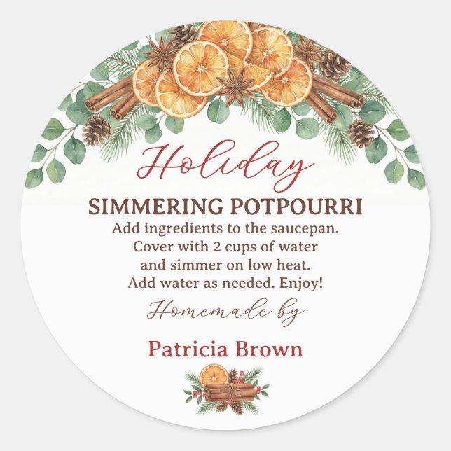 Homemade Holiday Simmering Potpourri Recipe Runder Aufkleber (Vorderseite)