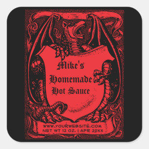 Homemade Hot Sauce Mittelalterliche Drachenvorlage Quadratischer Aufkleber