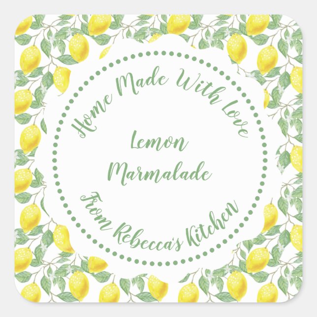 Homemade Jam Canning Label |Lemon Pattern Quadratischer Aufkleber (Vorderseite)