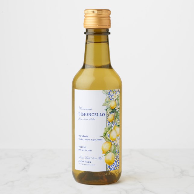 Homemade Limoncello Italian Blue Tile Floral Lemon Weinetikett (Vorderseite)