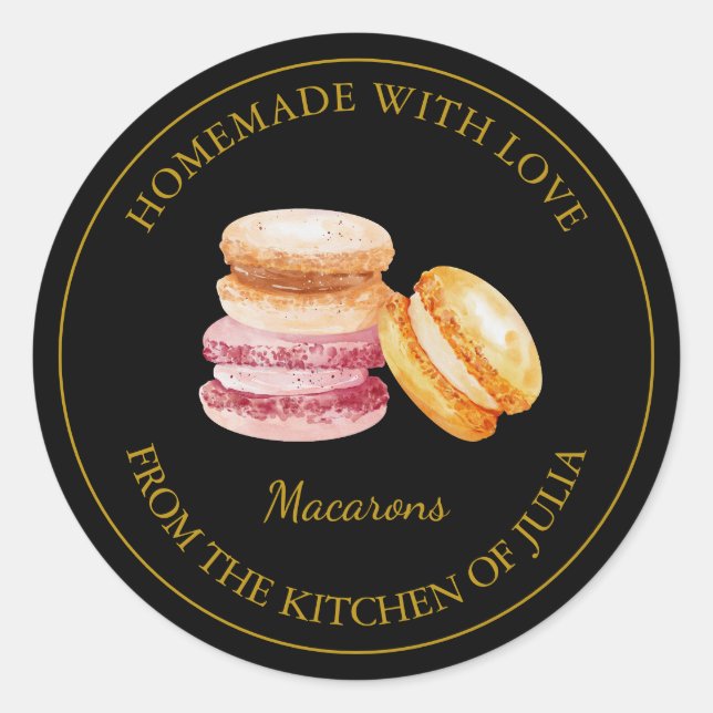 Homemade Macaron Label | Schwarz Runder Aufkleber (Vorderseite)