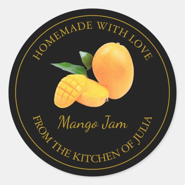Homemade Mango Jam Label | Schwarz Runder Aufkleber (Vorderseite)