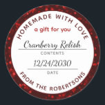 Homemade mit Liebe Red Christmas Food Label Runder Aufkleber<br><div class="desc">Hausgemacht mit Liebe Weihnachten Red Bokeh Produktname und Datum Classic Round Aufkleber Jar Lid oder Food Label... Ein weihnachtlich rotes Büchmuster grenzt an die Details der hausgemachten Lebensmittel auf diesen festlichen Rundaufklebern, um die hausgemachten Konfitüren, Kekse, Brot, Kuchen und vieles mehr zu schenken. Sie können den Text auf der praktischen...</div>
