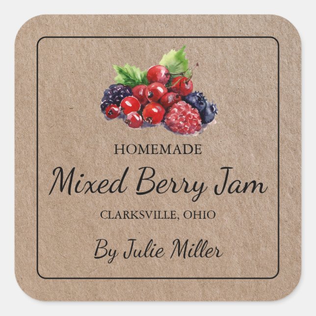 Homemade Mixed Berry Jam Square Kraft Paper Label Quadratischer Aufkleber (Vorderseite)