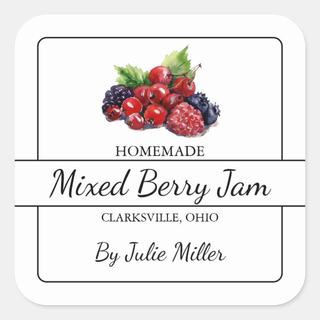 Homemade Mixed Berry Jam Square Label Quadratischer Aufkleber (Vorderseite)