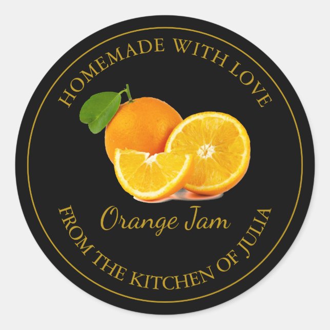 Homemade Orange Jam Label | Schwarz Runder Aufkleber (Vorderseite)