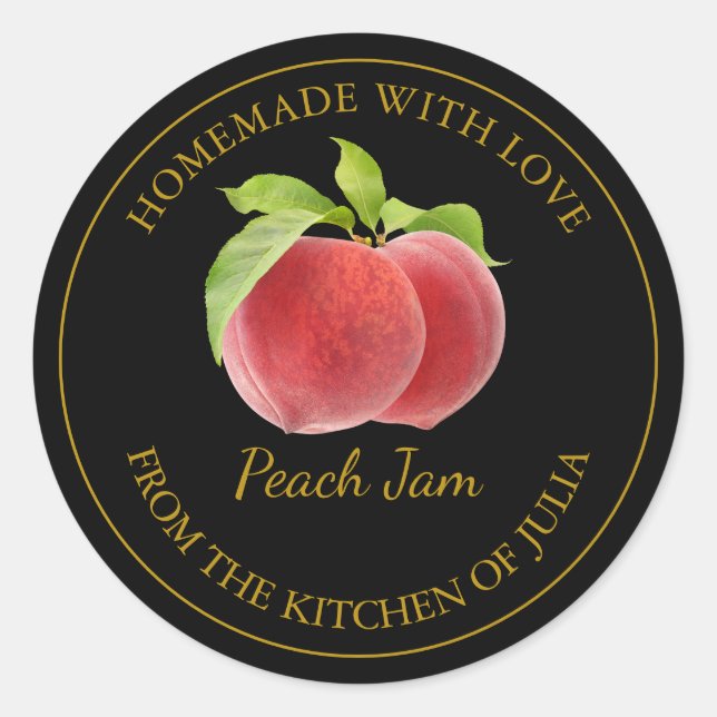 Homemade Peach Jam Label | Schwarz Runder Aufkleber (Vorderseite)