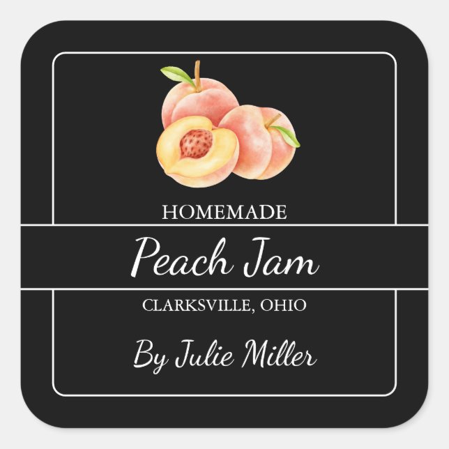 Homemade Peach Jam Square Black Quadratischer Aufkleber (Vorderseite)