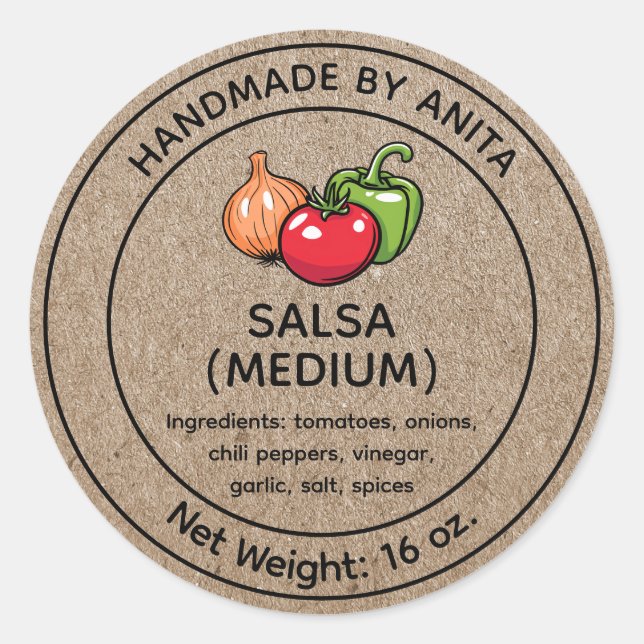 Homemade Salsa Jar Label Kraft Papier Stil Runder Aufkleber (Vorderseite)