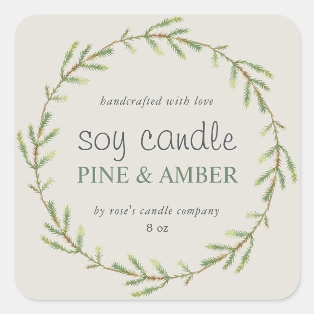 Homemade Soy Candle Pine Sprig Custom Gray Classic Quadratischer Aufkleber (Vorderseite)