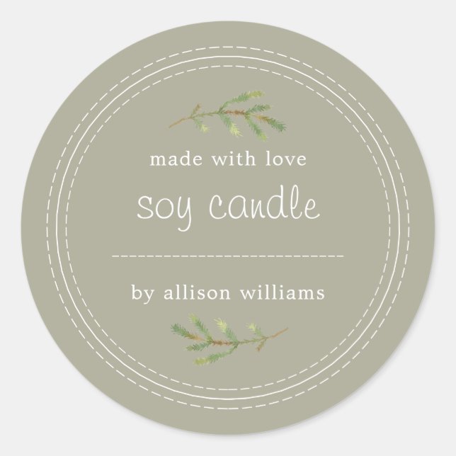 Homemade Soy Candle Pine Sprig schreiben auf Grau Runder Aufkleber (Vorderseite)