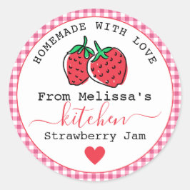 Homemade Strawberry Jam Rustic Pink Gingham Runder Aufkleber