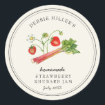 Homemade Strawberry Rhubarb Jam jar Runder Aufkleber<br><div class="desc">Elegant handgemalt Aquarell Vintager Stil Erdbeeren Rhabarber Marmelade Etikett auf weißem Hintergrund. Verwenden Sie für Ihre hausgemachten Marmeladen oder alles,  was Sie wählen. Macht ein großartiges Geschenk. Füllen Sie Ihre Informationen auf Etikett aus und genießen Sie.</div>