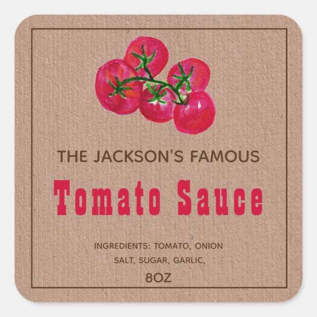 Homemade Tomato Sauce | Kraft Paper Canning Label Quadratischer Aufkleber (Vorderseite)