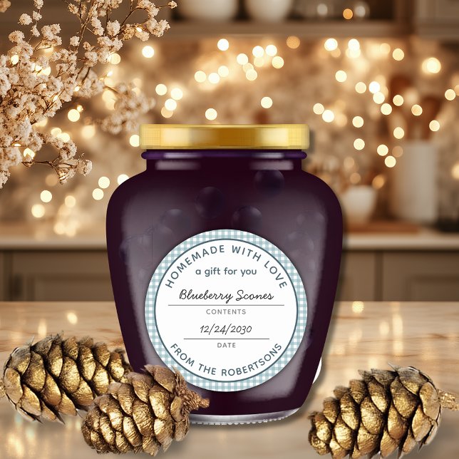 Homemade with Love Teal Gingham Food Gift Runder Aufkleber (Homemade with Love Teal Gingham A Gift for You Classic Round Sticker)